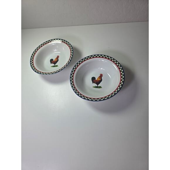 Set of 2- ELLA'S ROOSTER by International Red Checkered Border 6.5" Bowls - Picture 4 of 8